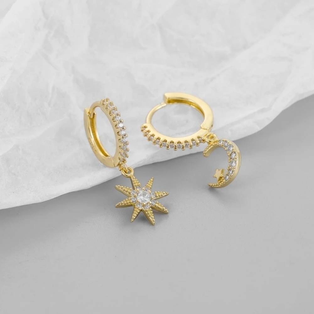 NEW Moon & Star CZ Gold Hoop Earrings -S925 - Picture 2 of 5